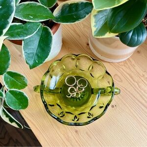 Vintage MCM Green Glass Candy Dish with Handles - Jewelry/Trinket Tray